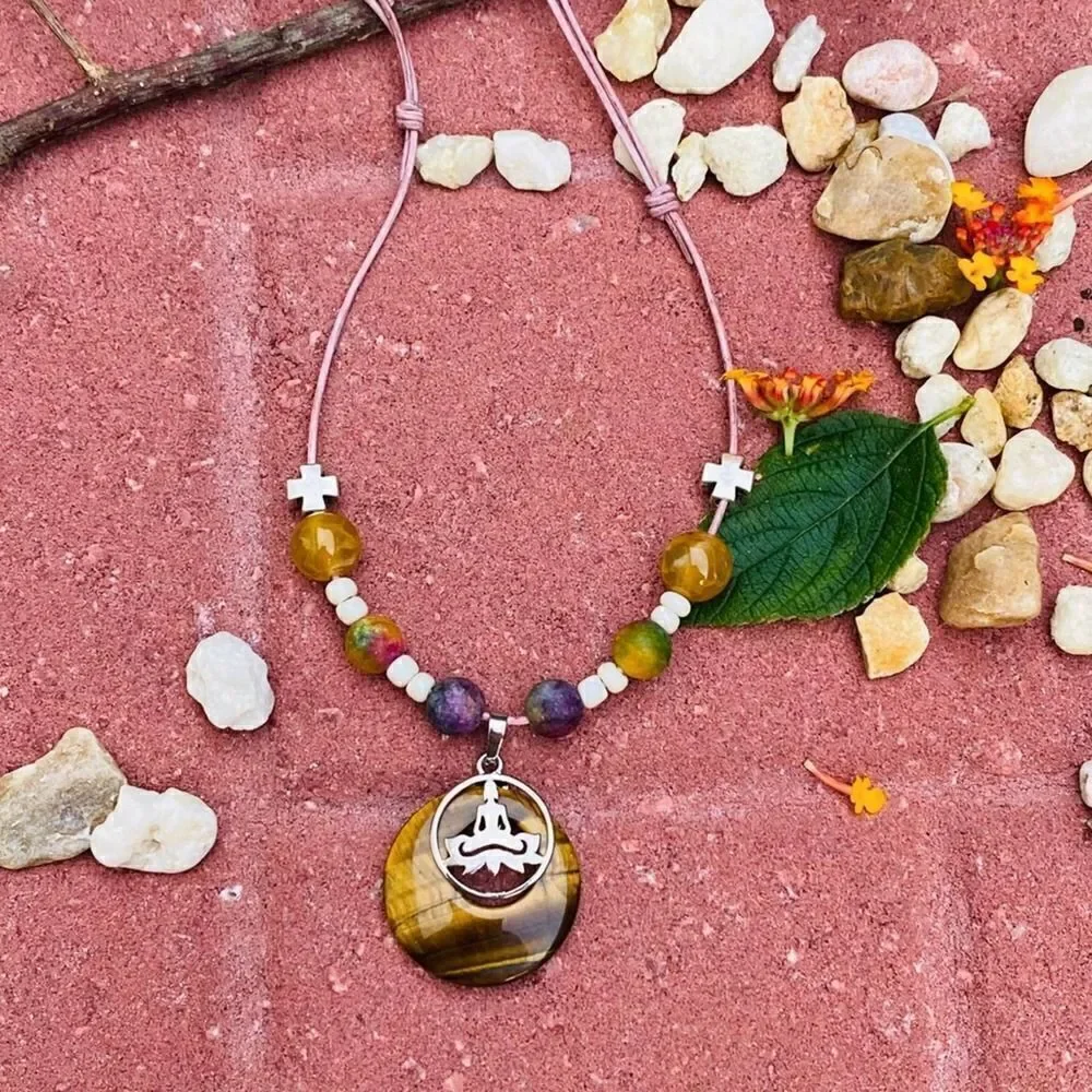Tigers Eye Yoga Gemstone Leather Adjustable Necklace